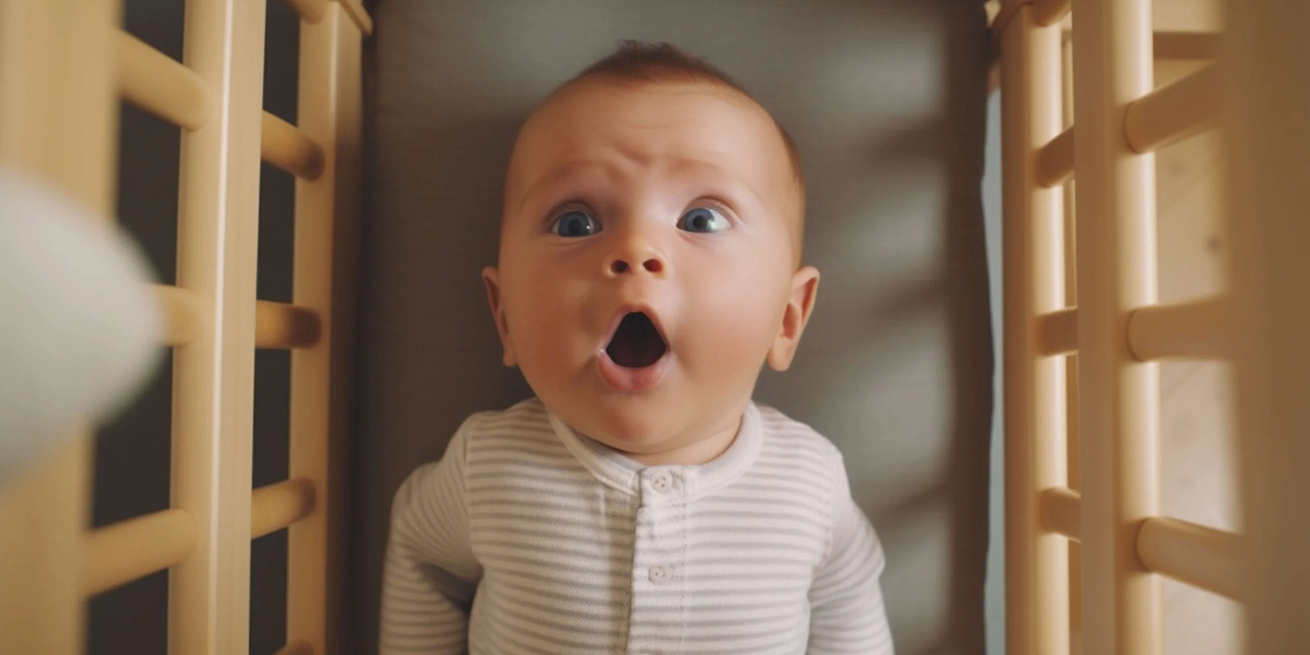 photo of a three month old boy in his crib, looking upwards and about the shout.